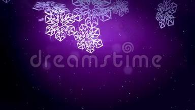 美丽的3d雪花漂浮在空气中，晚上在紫色背景上发光。 用作圣诞、新年贺卡